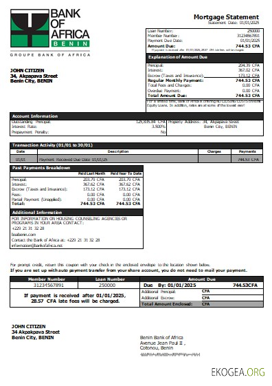 Bénin Bank of Africa relevé hypothécaire bancaire scr